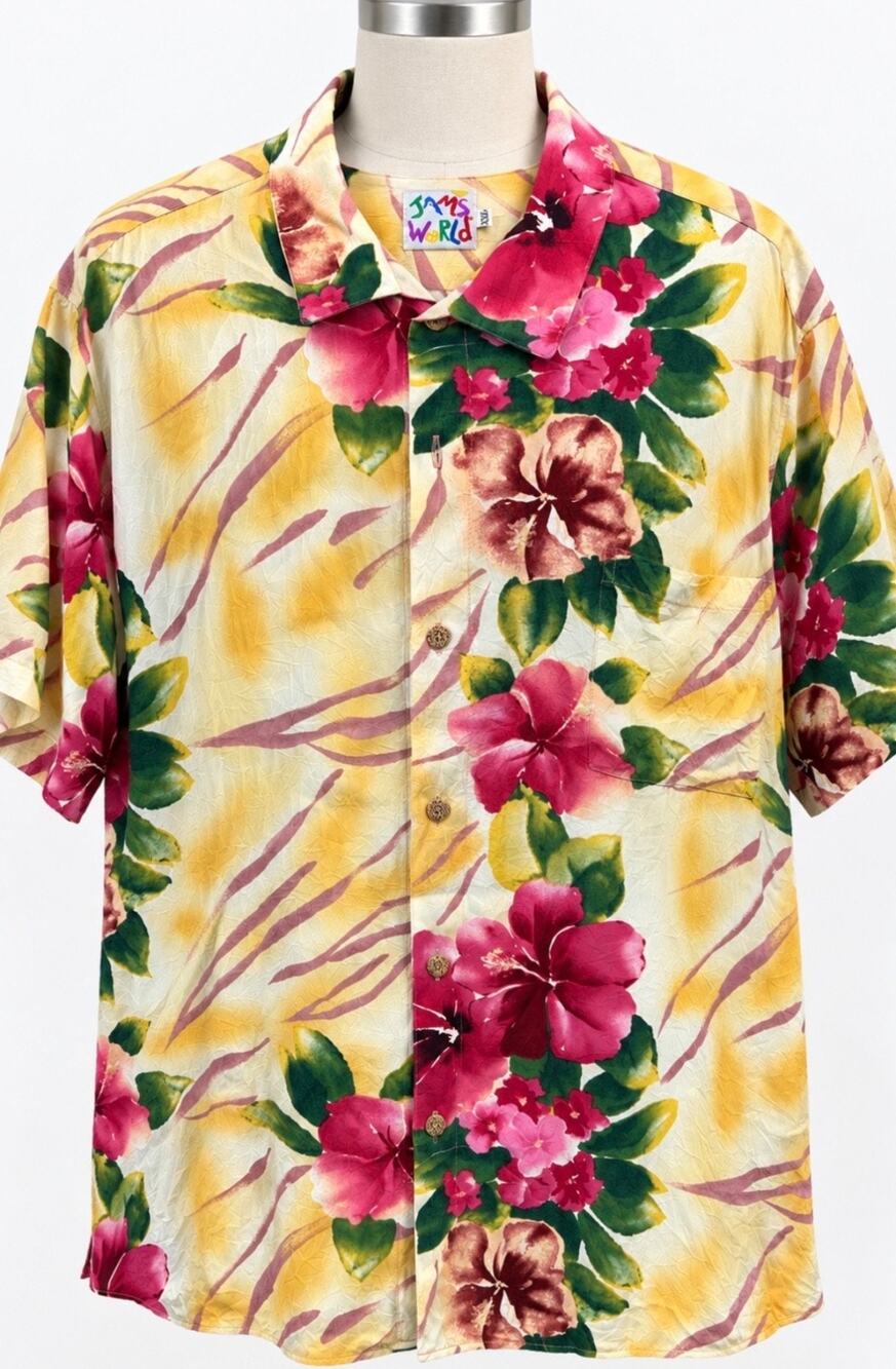 Vintage Jams World Men’s Hawaiian Shirt Signature Crinkle Hibiscus Floral XXL
